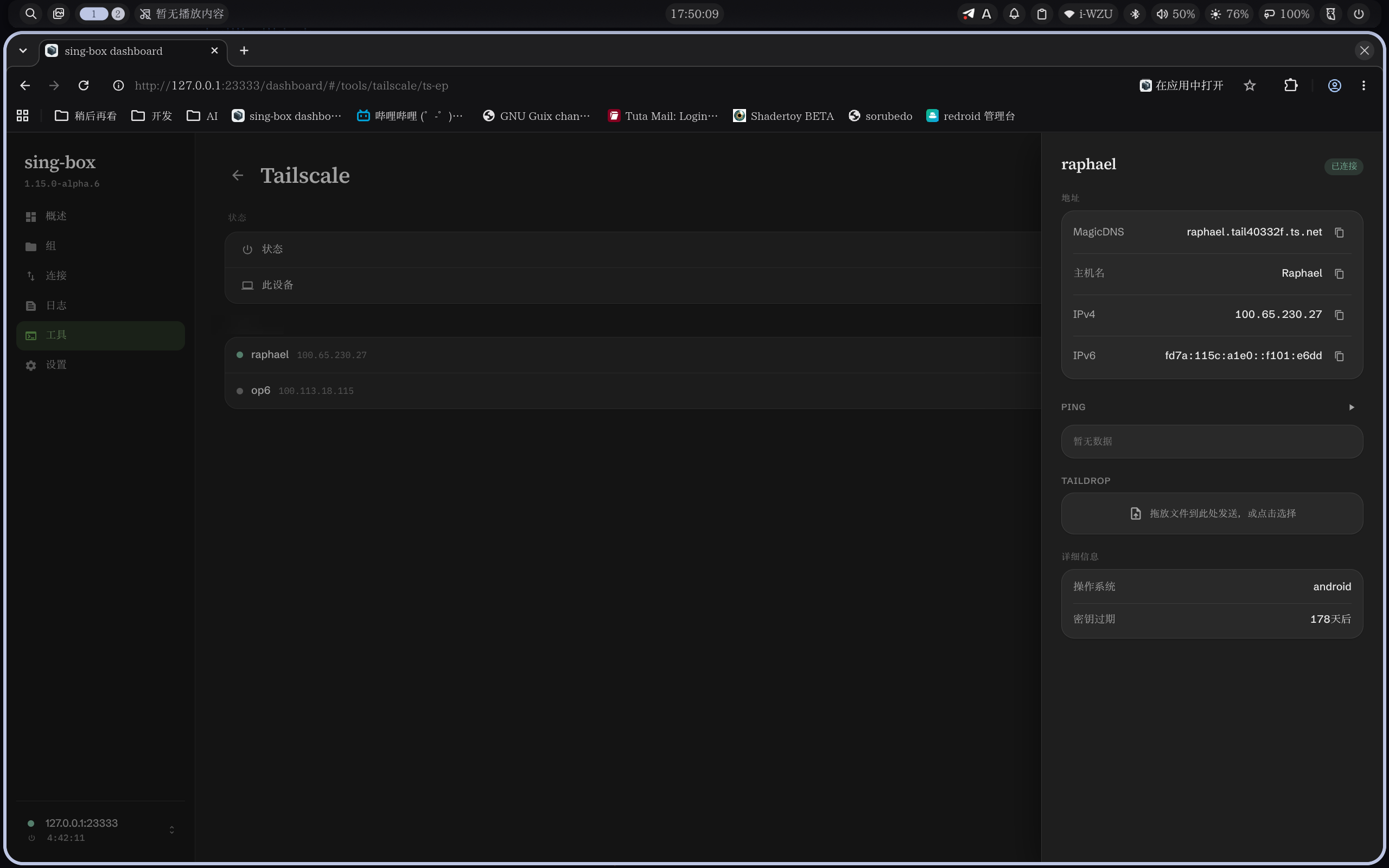 点开设备还能看到 MagicDNS 域名、主机名、双栈地址,以及 PING 和 TAILDROP 的入口